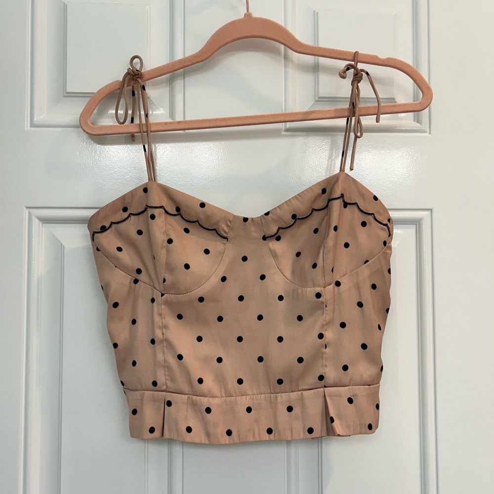 Polka Dot Tie-Strap Bustier Crop Top in Tan